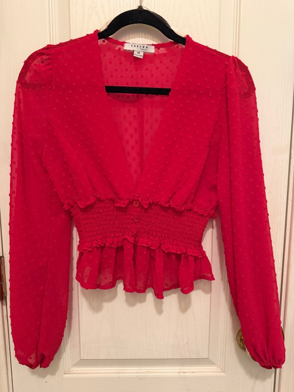 FAVLUX Red Swiss Dot Smocked Peplum Blouse
